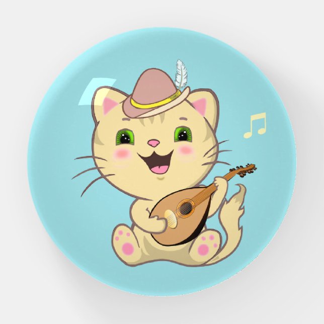 Cute Musical Tabby Ginger Caramel Cat on Turquoise Paperweight (Front)