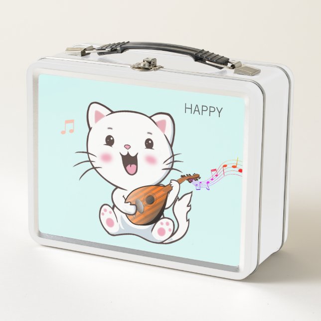 Cute Musical White Cat Metal Lunch Box (Front)