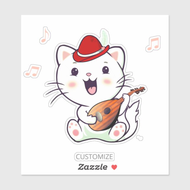 Cute Musical White Cat with Mandolin Sticker (Sheet)