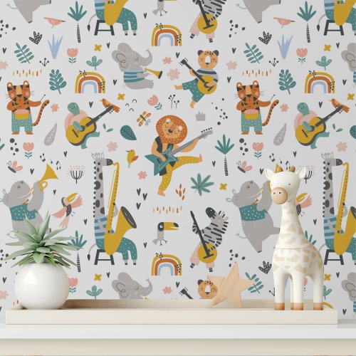 Cute Musical Wild Animals Modern Kids Pattern Wallpaper