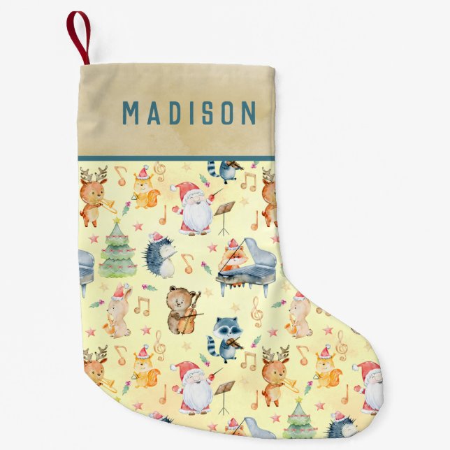 Cute Musical Woodland Animals Christmas Name Small Christmas Stocking (Front)