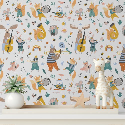 Cute Musical Woodland Animals Modern Kids Pattern Wallpaper