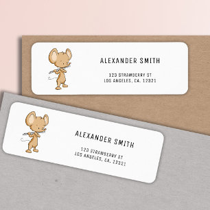 Cute Musician Mouse Playing Flute Label