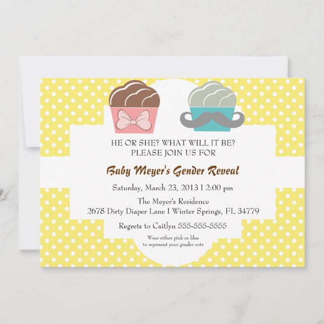 Cute Mustache & Bow Cupcake Gender Reveal Invite (Front)