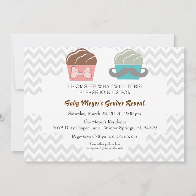 Cute Mustache & Bow Cupcake Gender Reveal Invite (Front)