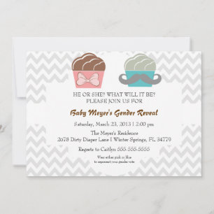 Cute Mustache & Bow Cupcake Gender Reveal Invite