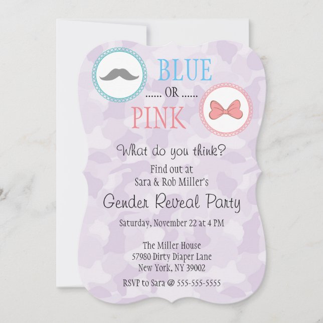 Cute Mustache & Bow Gender Reveal Invite (Front)