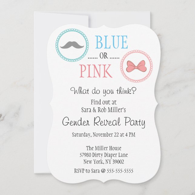 Cute Mustache & Bow Gender Reveal Invite (Front)