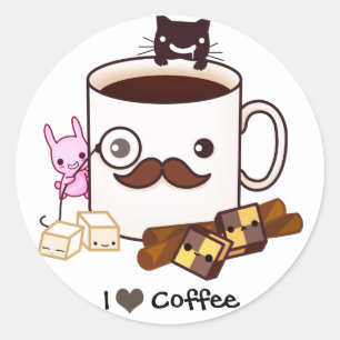 Cute mustache coffee cup and kawaii animals classic round sticker