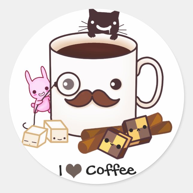 Cute mustache coffee cup and kawaii animals classic round sticker (Front)