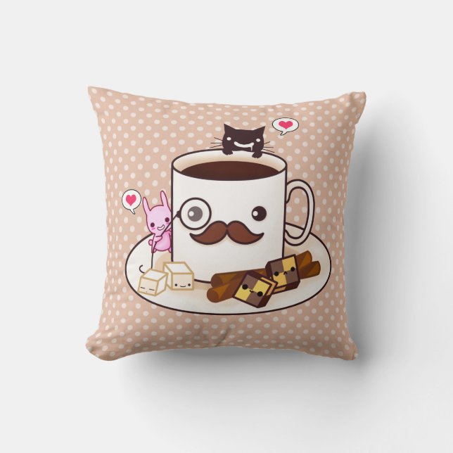 Cute mustache coffee cup with kawaii animals throw pillow (Front)