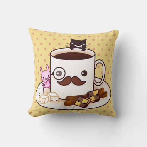 Cute mustache coffee cup with kawaii animals throw pillow