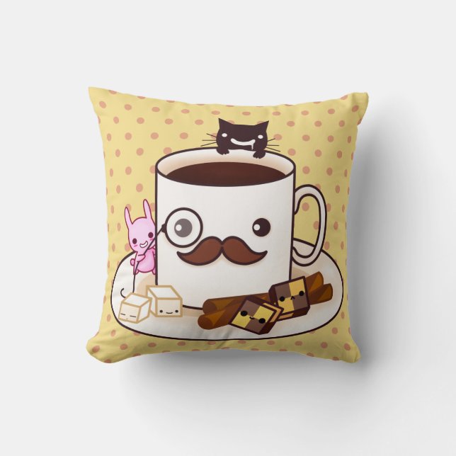 Cute mustache coffee cup with kawaii animals throw pillow (Front)