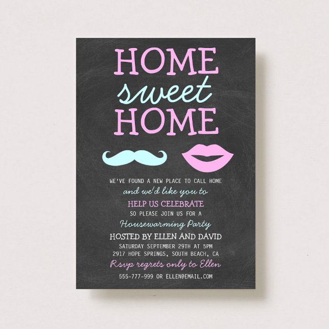 Cute Mustache & Lips Home Sweet Home Invitations (Creator Uploaded)