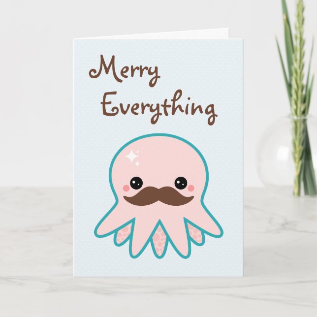 Cute Mustache Octopus Holiday Card (Front)