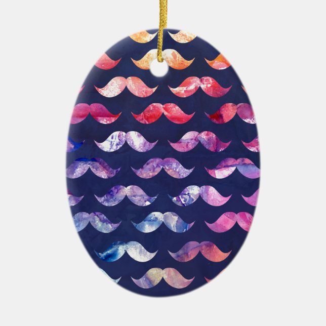 Cute Mustache Pattern with Watercolor Overlays Ceramic Ornament (Front)