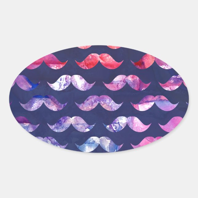 Cute Mustache Pattern with Watercolor Overlays Oval Sticker (Front)
