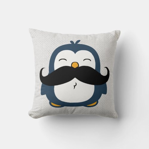 Cute Mustache Penguin Blue Throw Pillow