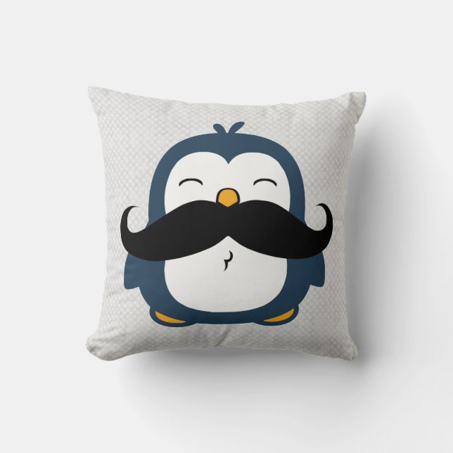 Cute Mustache Penguin Blue Throw Pillow (Front)