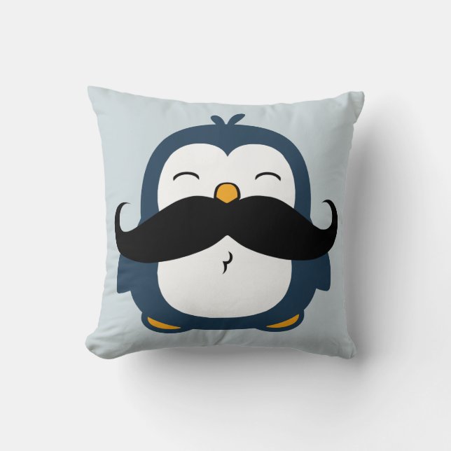 Cute Mustache Penguin | Blue Throw Pillow (Front)