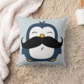 Cute Mustache Penguin | Blue Throw Pillow (Blanket)