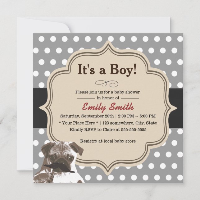 Cute Mustache Pug Polka Dots Baby Shower Invitation (Front)