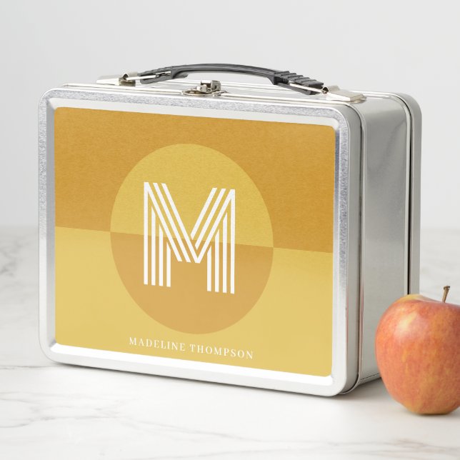 Cute Mustard Yellow Geometric Modern Monogram Metal Lunch Box (In Situ)