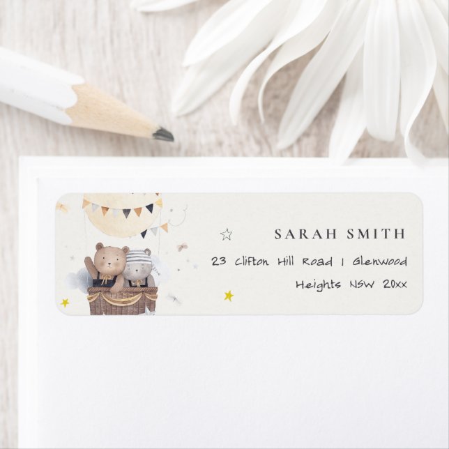 Cute Muted Teddy Hot Air Balloon Kids Address Label (Insitu)