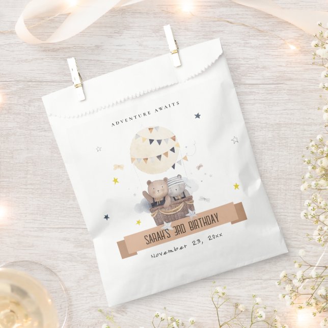 Cute Muted Teddy Hot Air Balloon Kids Birthday Favor Bag (Clipped)