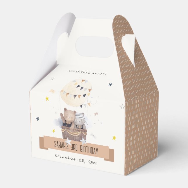 Cute Muted Teddy Hot Air Balloon Kids Birthday Favor Boxes (Front Side)