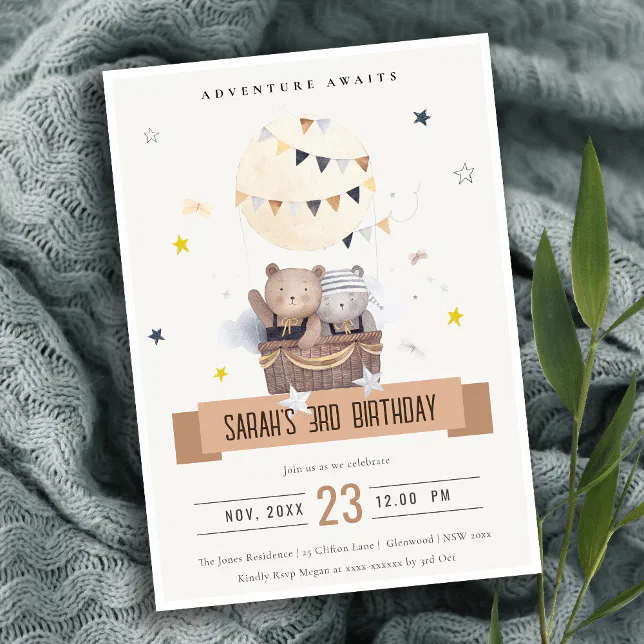 Cute Muted Teddy Hot Air Balloon Kids Birthday Invitation | Zazzle