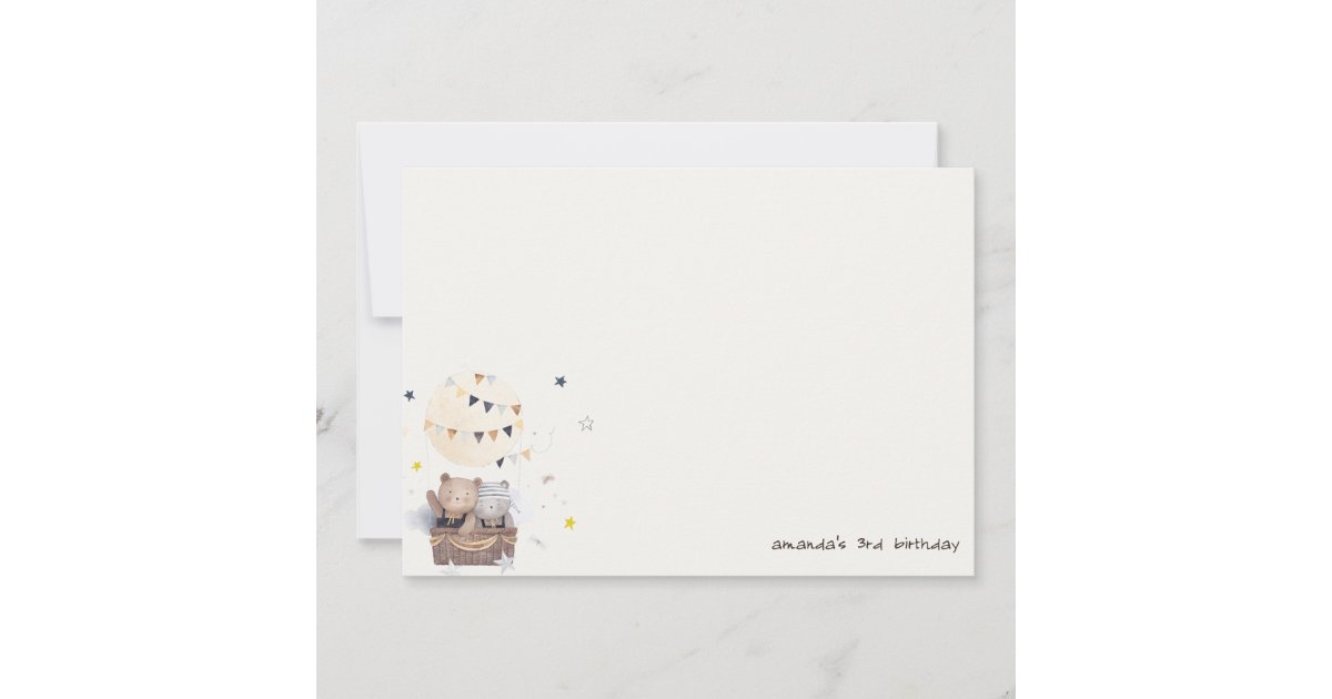 Cute Muted Teddy Hot Air Balloon Kids Birthday Note Card | Zazzle