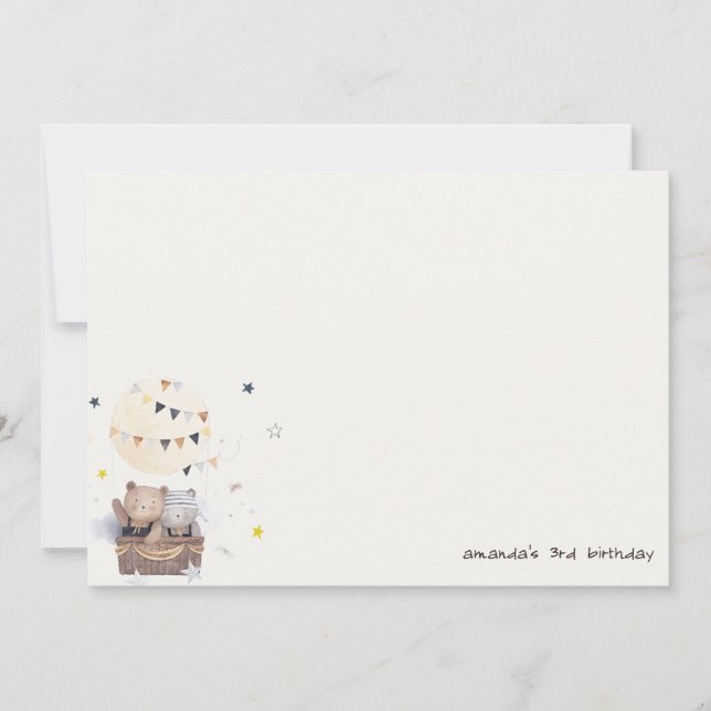 Cute Muted Teddy Hot Air Balloon Kids Birthday Note Card (Front)