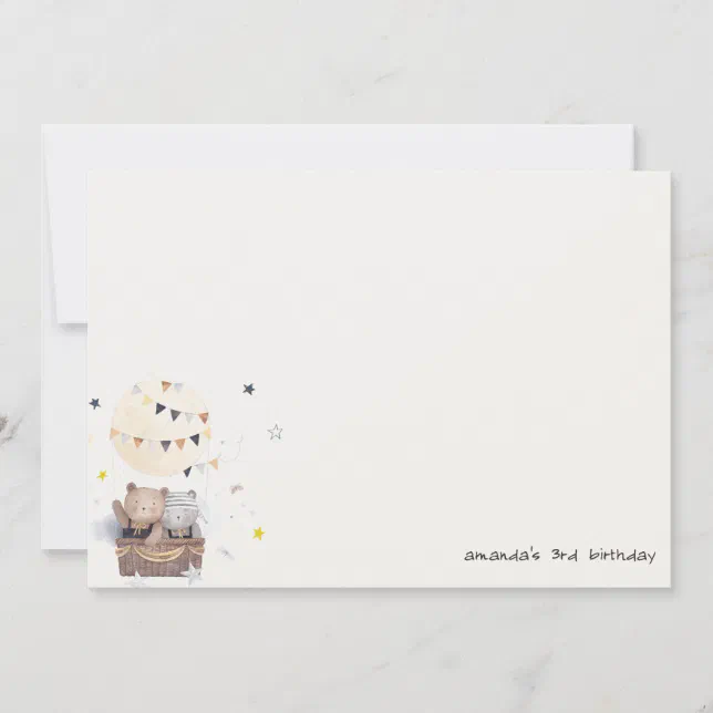 Cute Muted Teddy Hot Air Balloon Kids Birthday Note Card | Zazzle