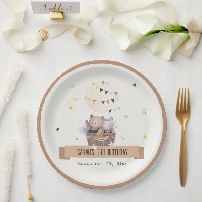 Cute Muted Teddy Hot Air Balloon Kids Birthday Paper Plates (Wedding)