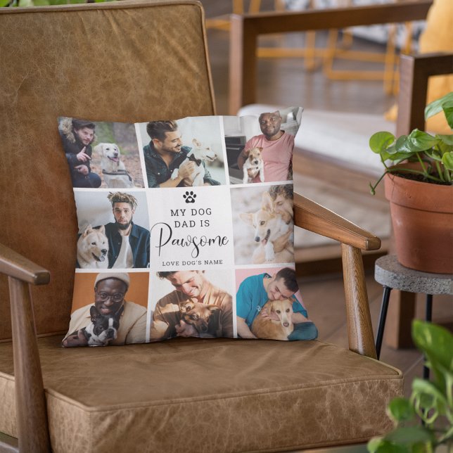Cute "My Dog Dad is Pawsome' Photo Collage Throw Pillow (Creator Uploaded)