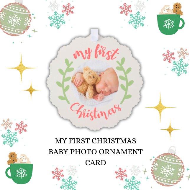 Cute My First Christmas Baby Photo Ornament Card (Baby's 1st Christmas Photo Paper Ornament Announcement Cards)