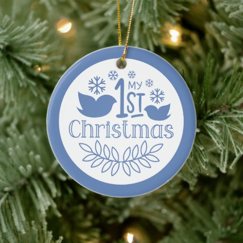 Cute My First Christmas Blue Personalized Photo Ceramic Ornament