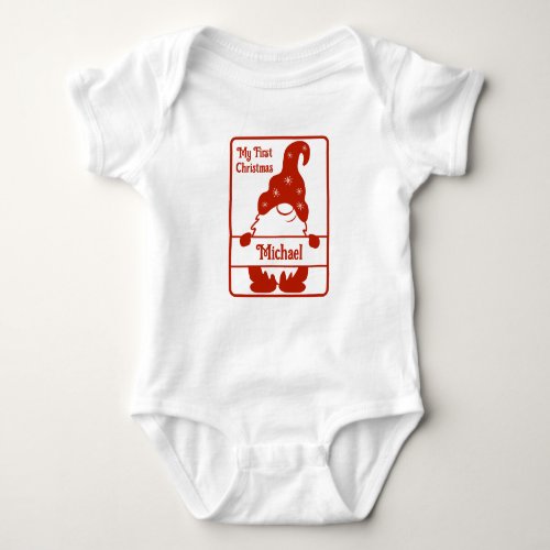 Cute My First Christmas Gnome Red Name Holiday Baby Bodysuit