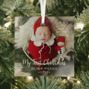 Cute My First Christmas Newborn Baby Photo Glass Ornament