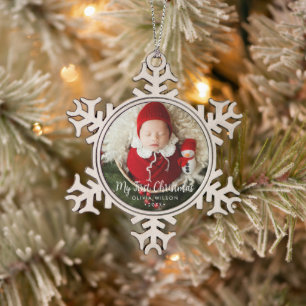 Cute My First Christmas Newborn Baby Photo Snowflake Pewter Christmas Ornament