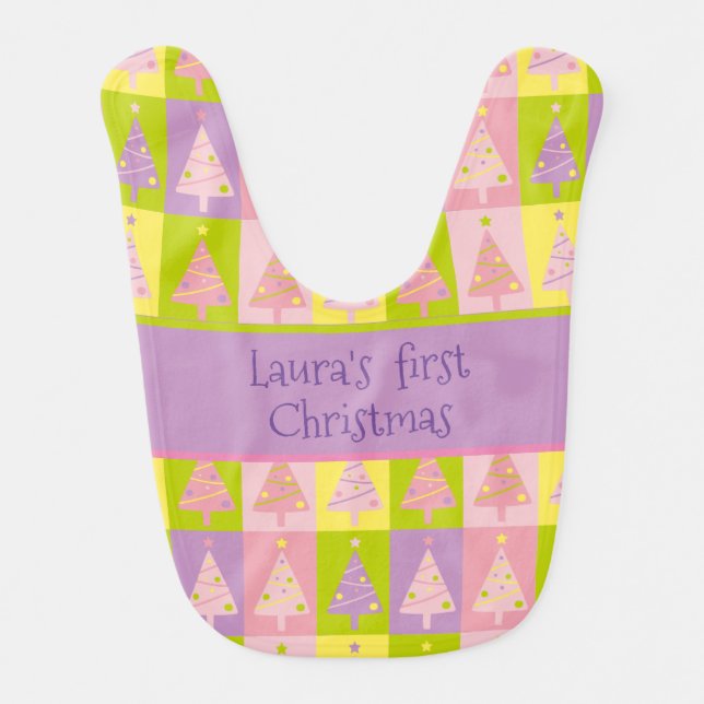 Cute My First Christmas Pink Purple Trees Custom  Baby Bib (Front)