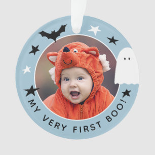 Cute My Very First Boo Photo Halloween Blue Ornament