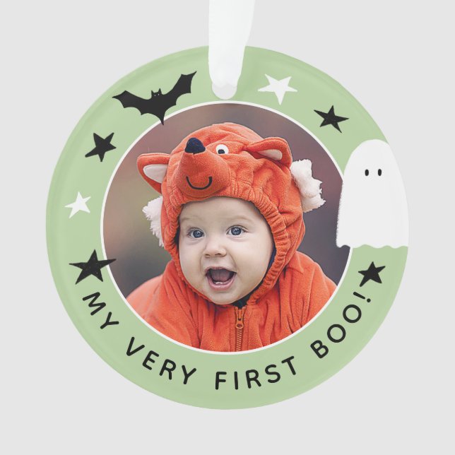 Cute My Very First Boo Photo Halloween Green Ornament (Front)