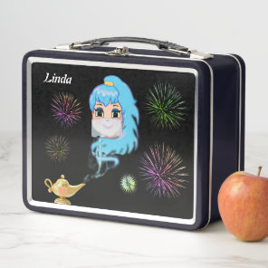 Cute mystic genie, magic lamp & fireworks on black metal lunch box