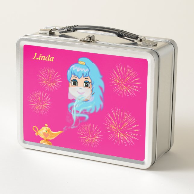 Cute mystic genie, magic lamp & fireworks on pink metal lunch box (Front)