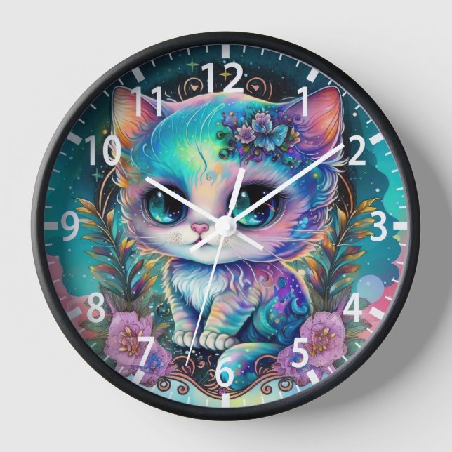 Cute Mystical Cat Kitten Celestial Animal Clock (Front)
