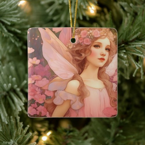 Cute Mystical Pink Fantasy Fairy Painting Ceramic Ornament