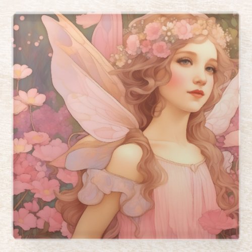 Cute Mystical Pink Fantasy Fairy Painting Glass Coaster