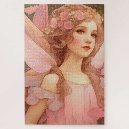 Cute Mystical Pink Fantasy Fairy Painting Jigsaw Puzzle